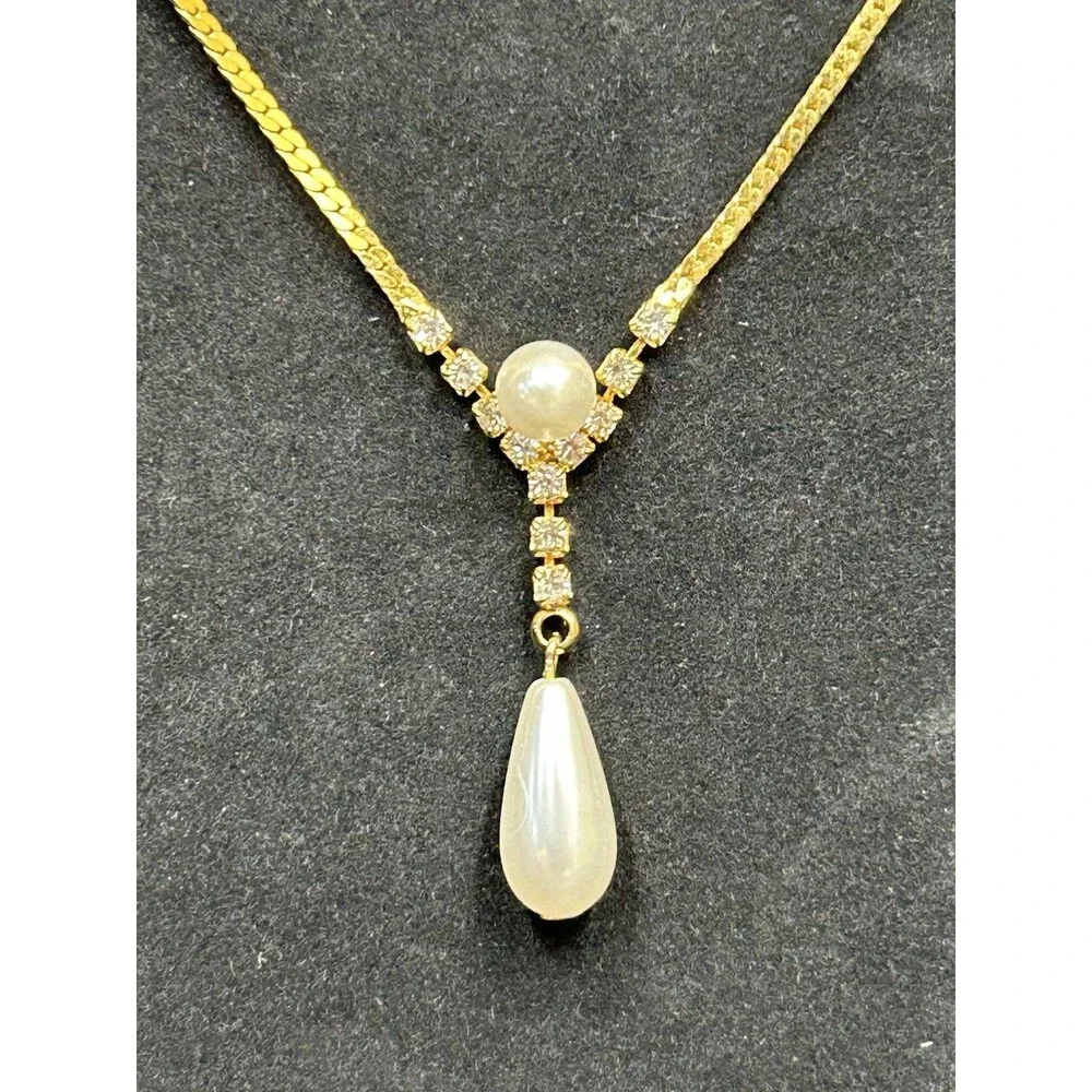 Park Lane Gold Tone Herringbone Faux Pearl Rhinestone 18" Necklace J322 - Picture 7 of 10